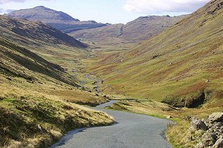 Looking back toward Cockley Beck and Hardknott Pass from Wrynose Pass