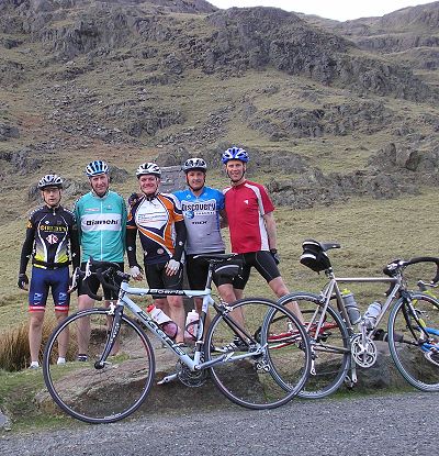 Top of Wrynose Pass (l to r: Glenn, Richard, Allan, Stu & Dave)